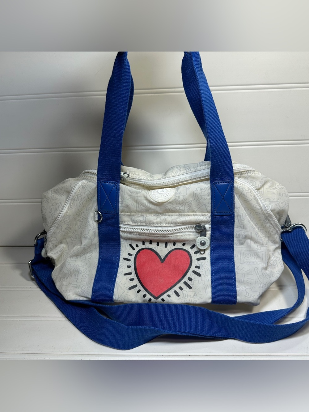Kipling X Keith Haring Art Mini Handbag Tote Bag Shoulder Bag Blue White Heart
